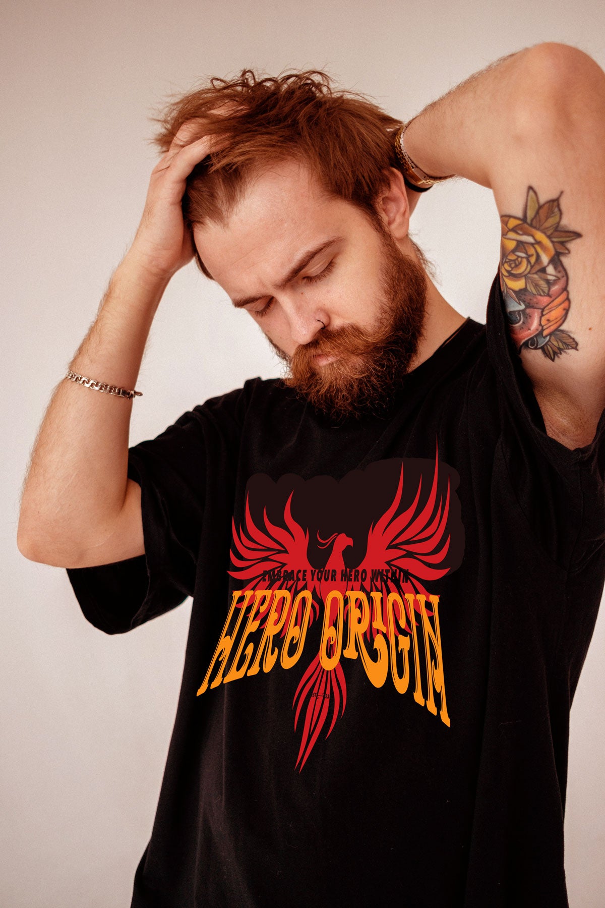 Hero Origin Full Phoenix Black T-Shirt on male model